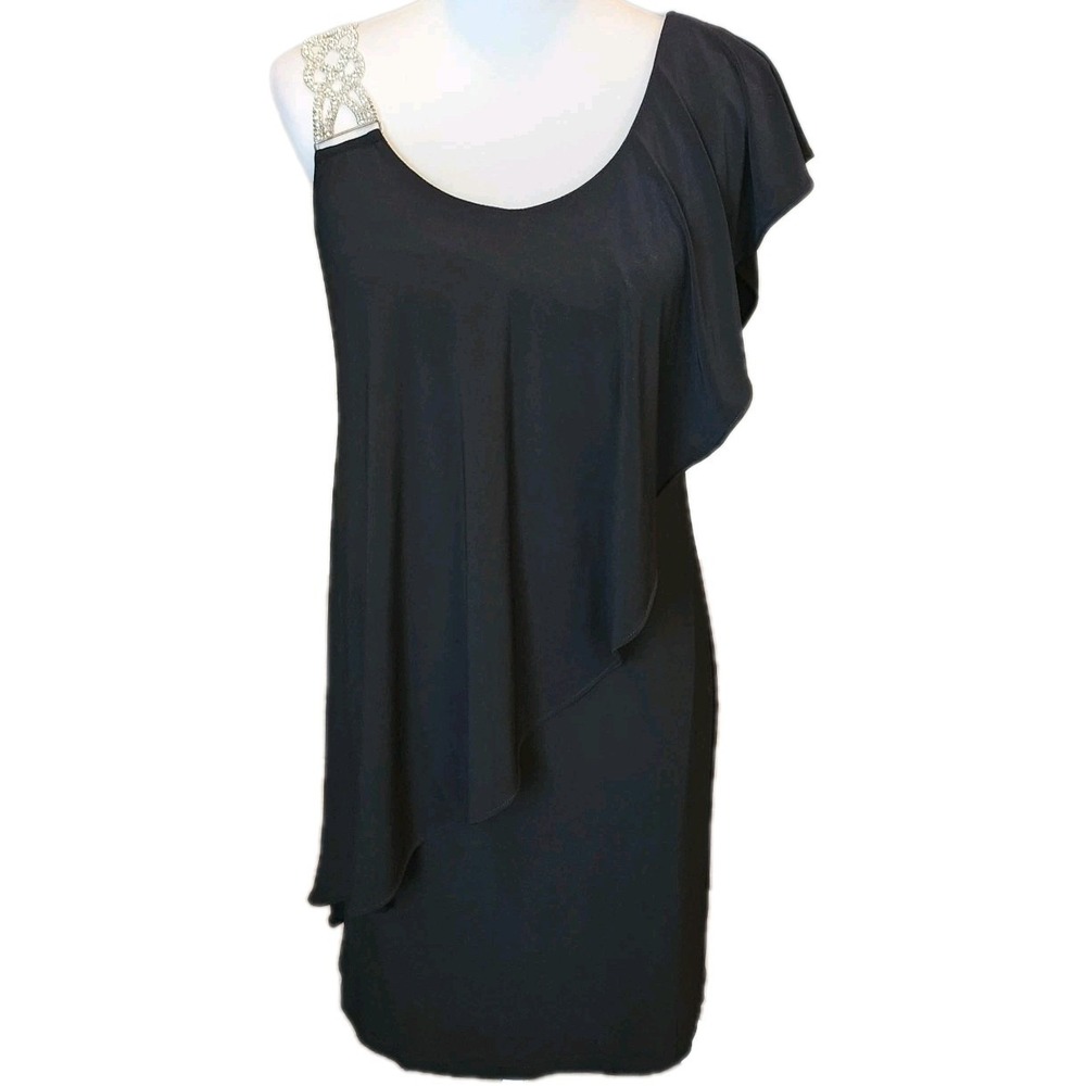DJ-Jaz Cocktail Dress‎ Womens 4 Black Rhinestone Shoulder Stretch Lined Layered
